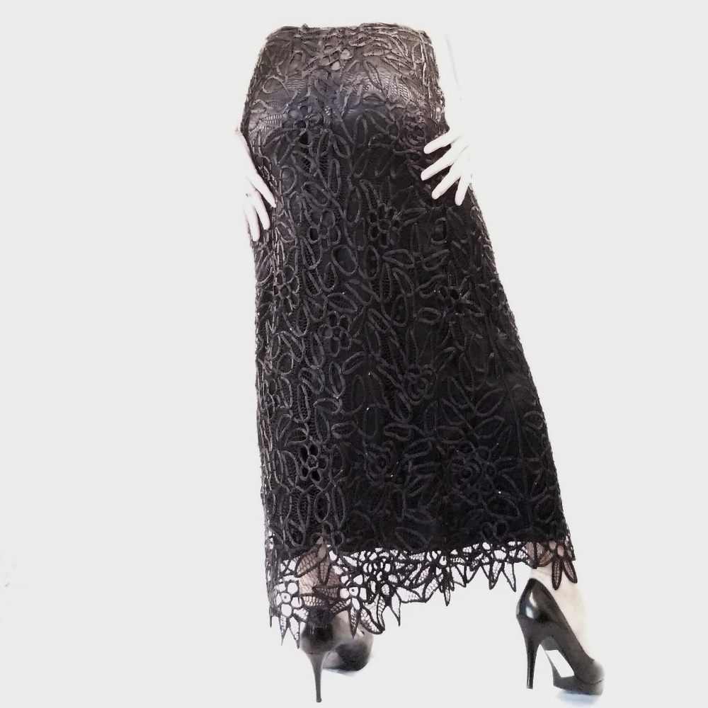 Vintage Black Crochet Silk Beaded Lace Skirt - Picture 5 of 8